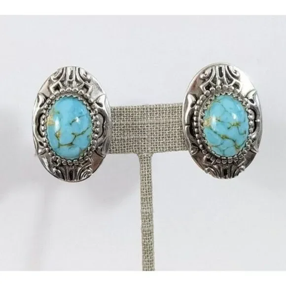Large Oval Turquoise Art Glass Whiting And Davis Clip On Earrings - Vintage - Picture 4 of 10